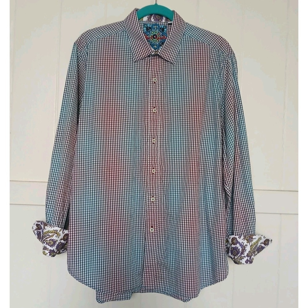 Robert Graham Shirt Convertible Flip Cuff Men's Large Check Button Up Classic LS